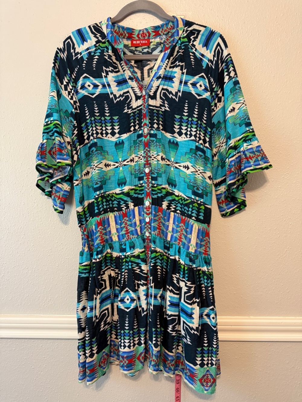 Ruby Yaya Bright Teal & Black Aztec-Print Button Mini Dress